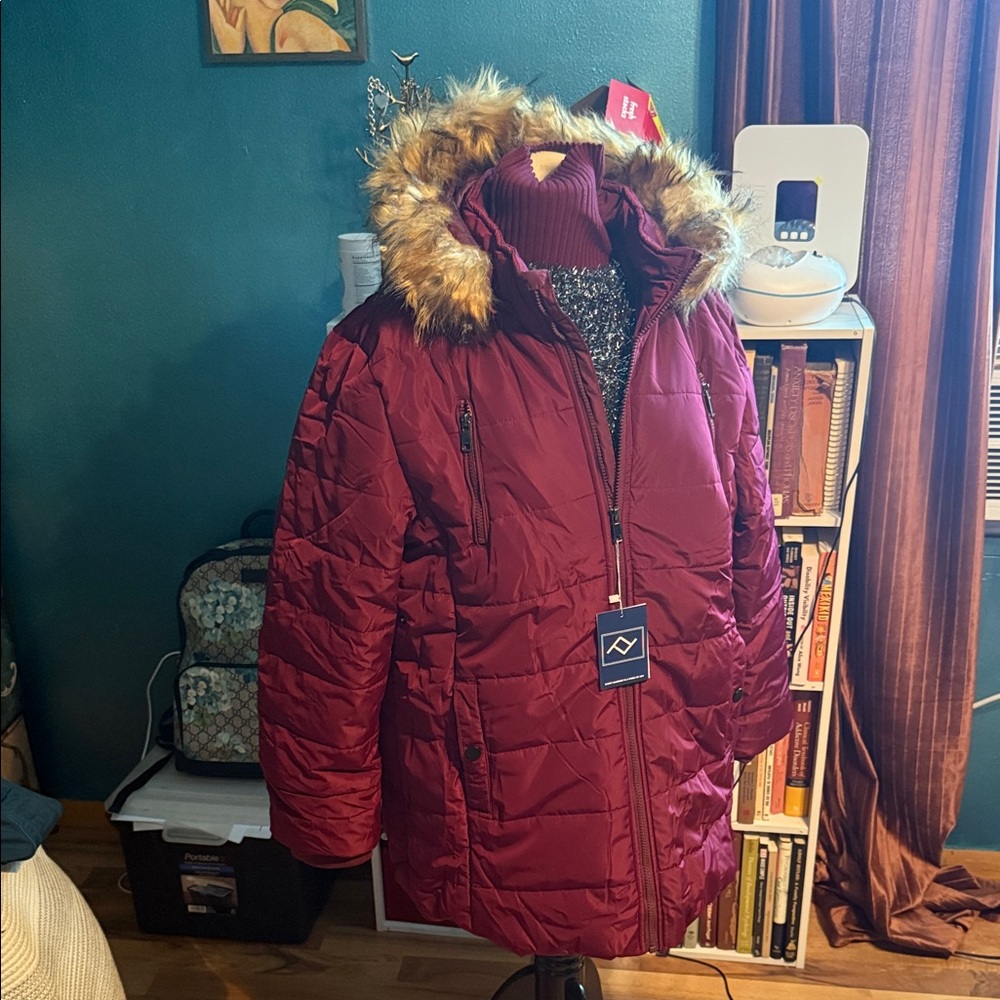 Women's Burgundy Puffer Jacket with Faux Fur Hood